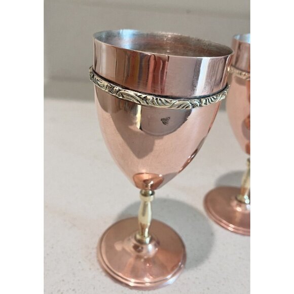 Set of 2 Orfe Mexican? Copper over Silver Wine Goblets Brass Stems Mixed Metals - Picture 6 of 14